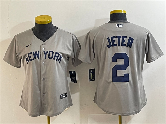 Women's New York Yankees #2 Derek Jeter Grey Cool Base Stitched Jersey(Run Small)